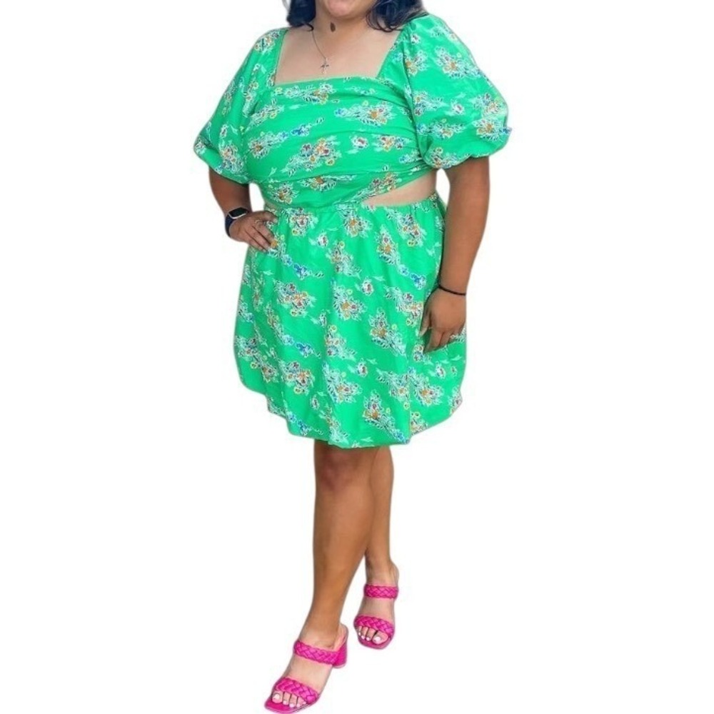 Baby Doll Size 4X Puff Short‎ Sleeve Cut Out Bubble A-Line Dress Green Floral